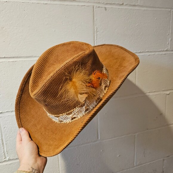 Vintage 70\'s Tan Corduroy Western Motoboho Bohemian Cowgirl Cowboy Hat main image 5